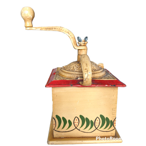 VINTAGE WOOD COFFEE GRINDER FOLK ART HANDPAINTED - Picture 3 of 6